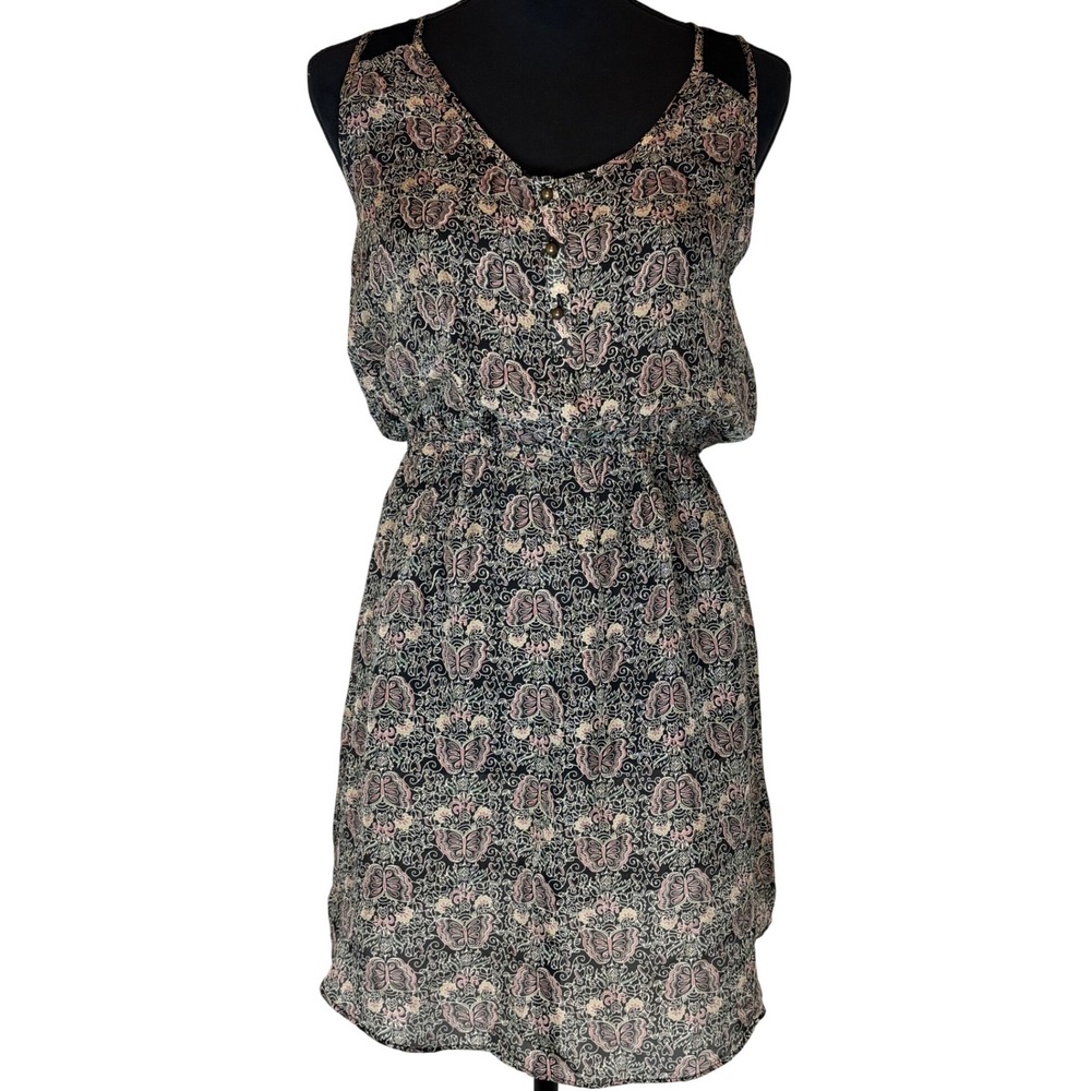 NWT Ella Moss Silk Butterfly Print Mini Dress Grey Pink Lace Accent‎ Small